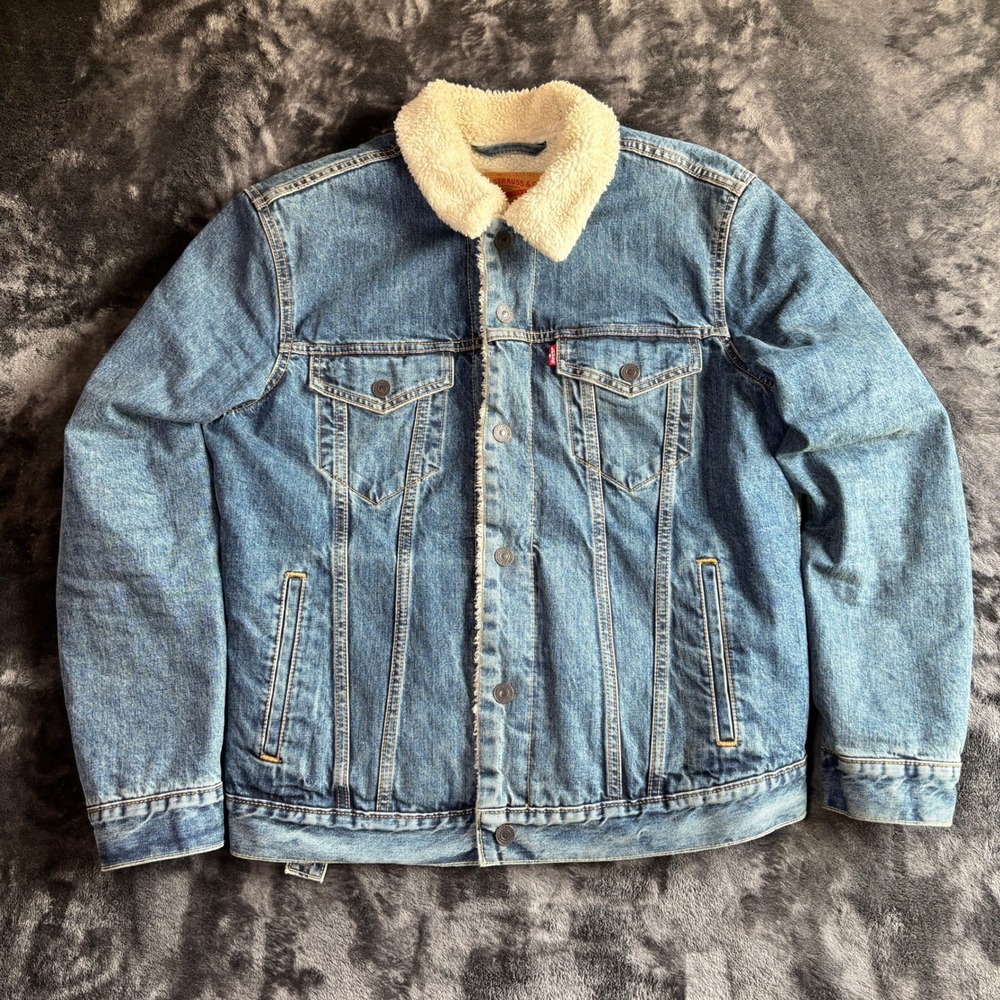 Levi's‎ Mens Trucker Jacket M Blue Cotton Faux Fur Lined Denim Sherpa Coat